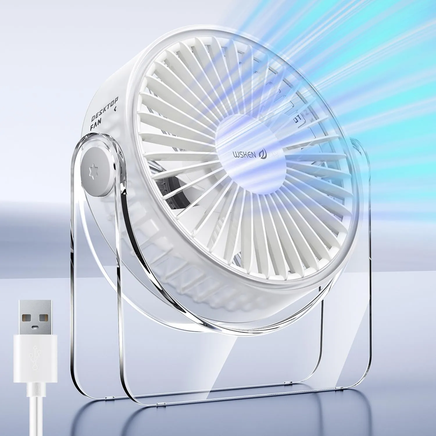 WSKEN USB Small Desk Fan - [Aesthetic Design] Mini But Powerful Portable Ultra Quiet 3 Speeds Wind Desktop Personal Fan for Outdoor Travel Bedroom Bedside Table Top Office,Acrylic Base,White USB desktop fan for workspace
