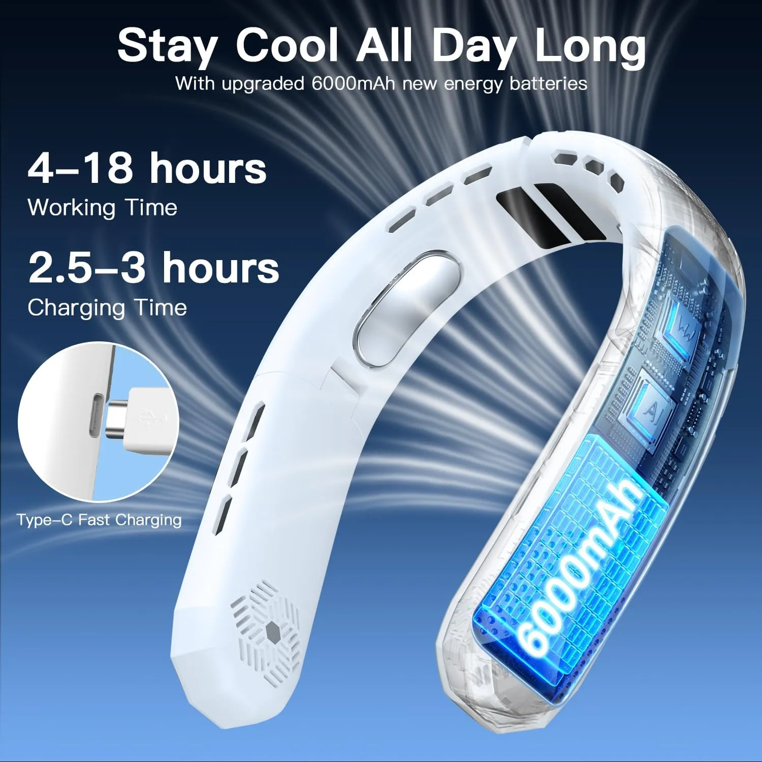 WXX Portable Neck Fan, 6000mAh Battery Neck Fan Rechargeable, 360 Cooling Personal Fan, 3 Speeds Foldable Quiet Wearable Fan for Travel Outdoor Indoor, Birthday Gifts for Men Women-White&Black