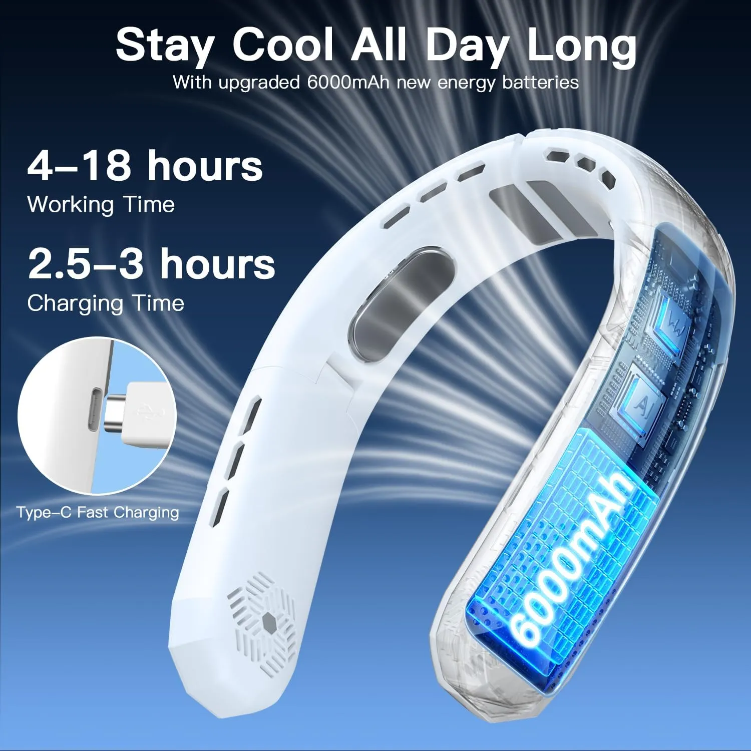 WXX Portable Neck Fan, 6000mAh Battery Neck Fan Rechargeable, 360 Cooling Personal Fan, 3 Speeds Foldable Quiet Wearable Fan for Travel Outdoor Indoor, Birthday Gifts for Men Women-White&Grey