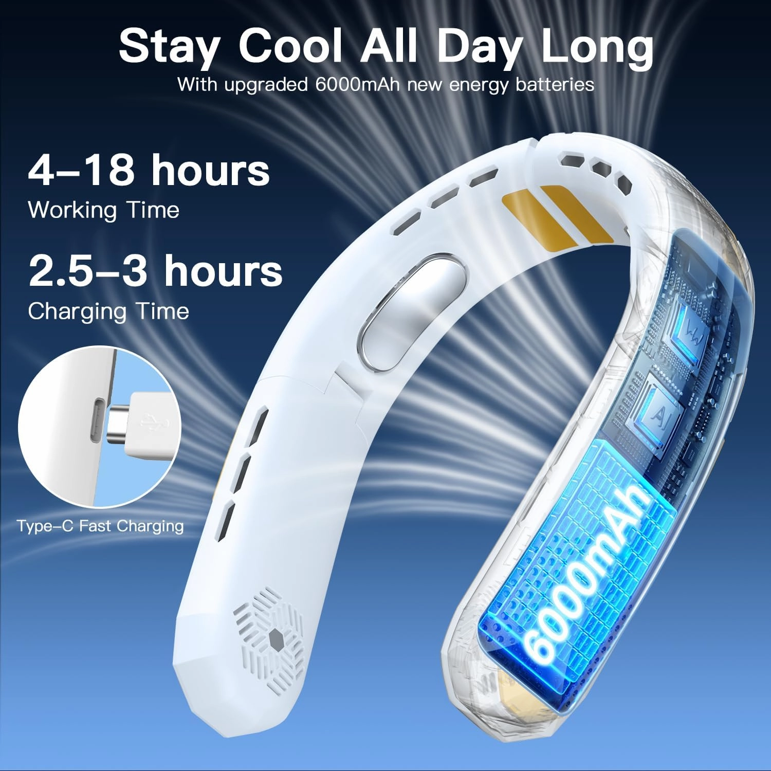 WXX Portable Neck Fan, 6000mAh Battery Neck Fan Rechargeable, 360 Cooling Personal Fan, 3 Speeds Foldable Quiet Wearable Fan for Travel Outdoor Indoor, Birthday Gifts for Men Women-White&Yellow