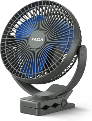 xasla 10000mAh Portable Rechargeable Clip on Fan, 8 inch Battery Operated Fan, 24 Hours Work Time, 4 Speeds Personal Fan, Ideal for Outdoor Camping Golf Cart Home Office Blue 360-degree rotating fan for home use