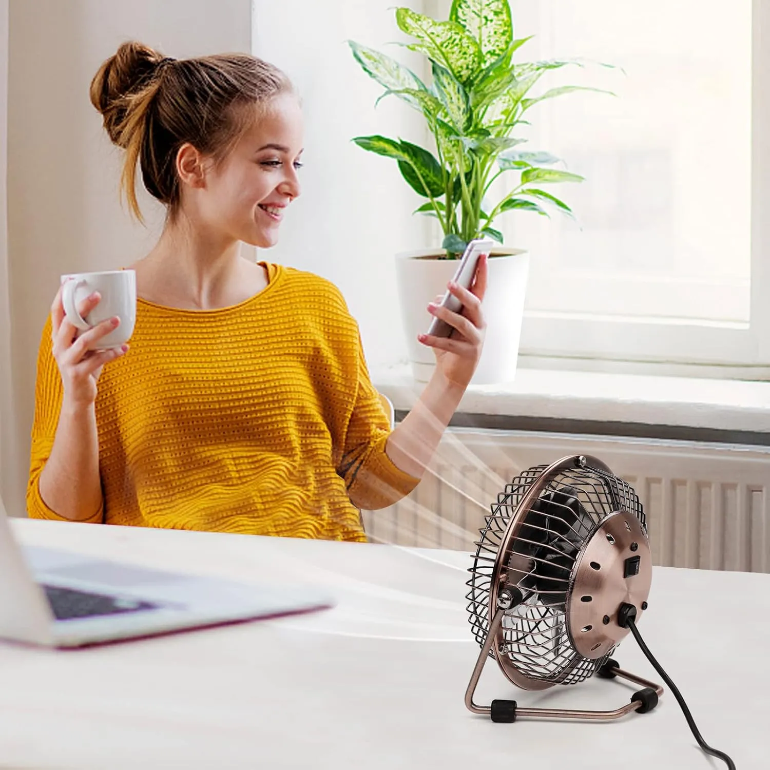 xasla 4 Inch Small USB Desk Fan, Mini Quiet Fan with Metal Construction & Strong Airflow & 360Adjustable Tilt Angle, Personal Cooling Fan for Desktop Office (Bronze)