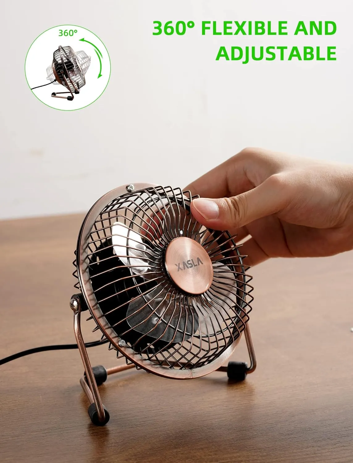 xasla 4 Inch Small USB Desk Fan, Mini Quiet Fan with Metal Construction & Strong Airflow & 360Adjustable Tilt Angle, Personal Cooling Fan for Desktop Office (Bronze)