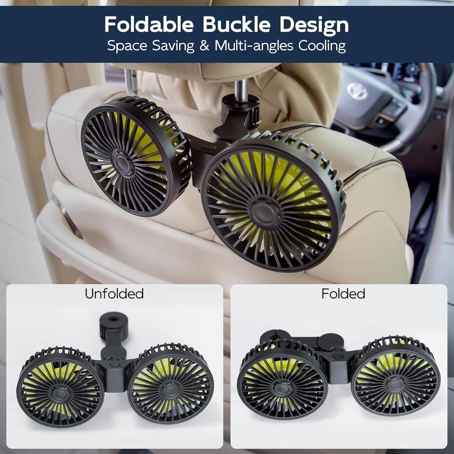 XOOL Car Fans for Backseat - Dual Head USB Cooling Car Fan for Kids, 360 Rotatable Car Rear Headrest Fan, Air Circulation Fan with Adjustable Clip for Vehicles SUV RV Truck