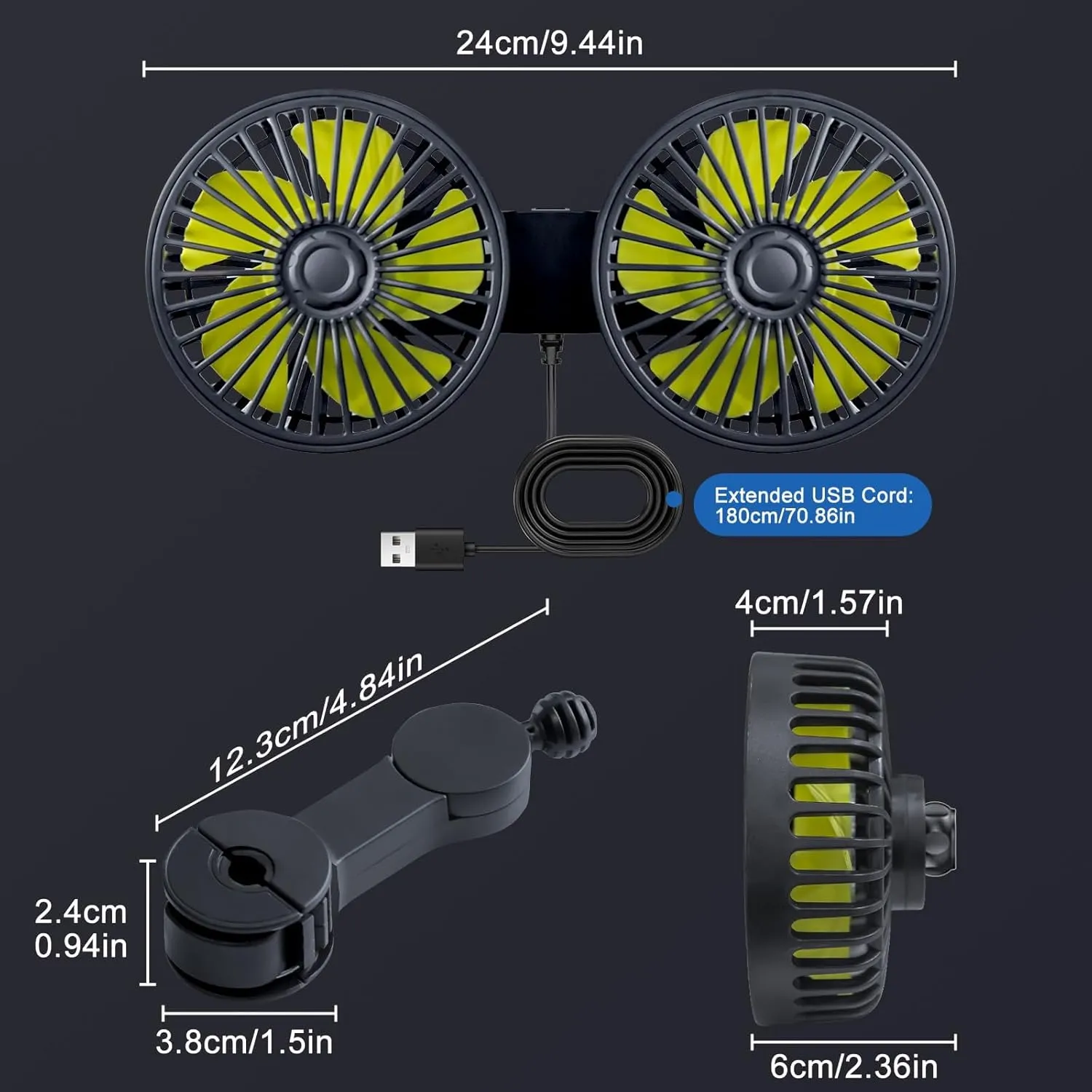 XOOL Car Fans for Backseat - Dual Head USB Cooling Car Fan for Kids, 360 Rotatable Car Rear Headrest Fan, Air Circulation Fan with Adjustable Clip for Vehicles SUV RV Truck