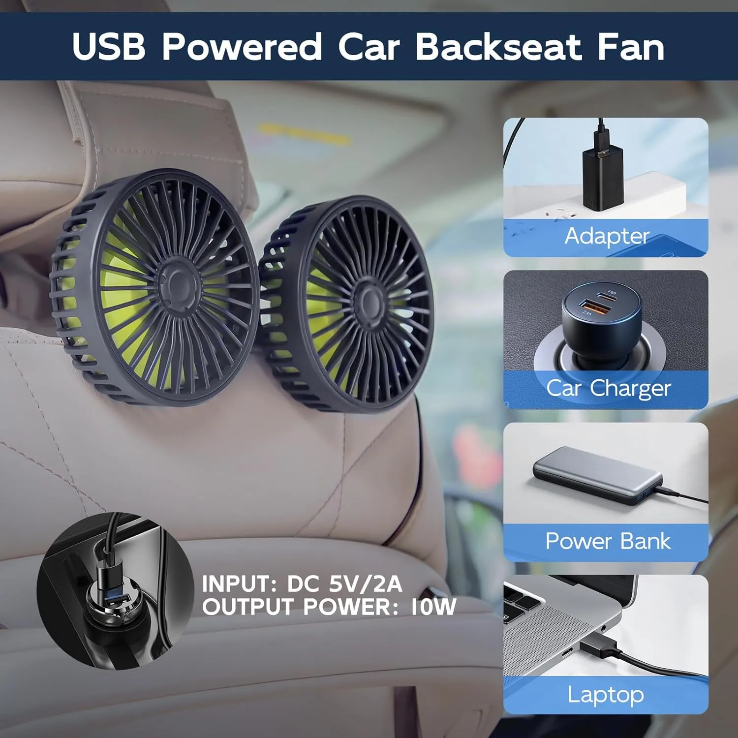 XOOL Car Fans for Backseat - Dual Head USB Cooling Car Fan for Kids, 360 Rotatable Car Rear Headrest Fan, Air Circulation Fan with Adjustable Clip for Vehicles SUV RV Truck