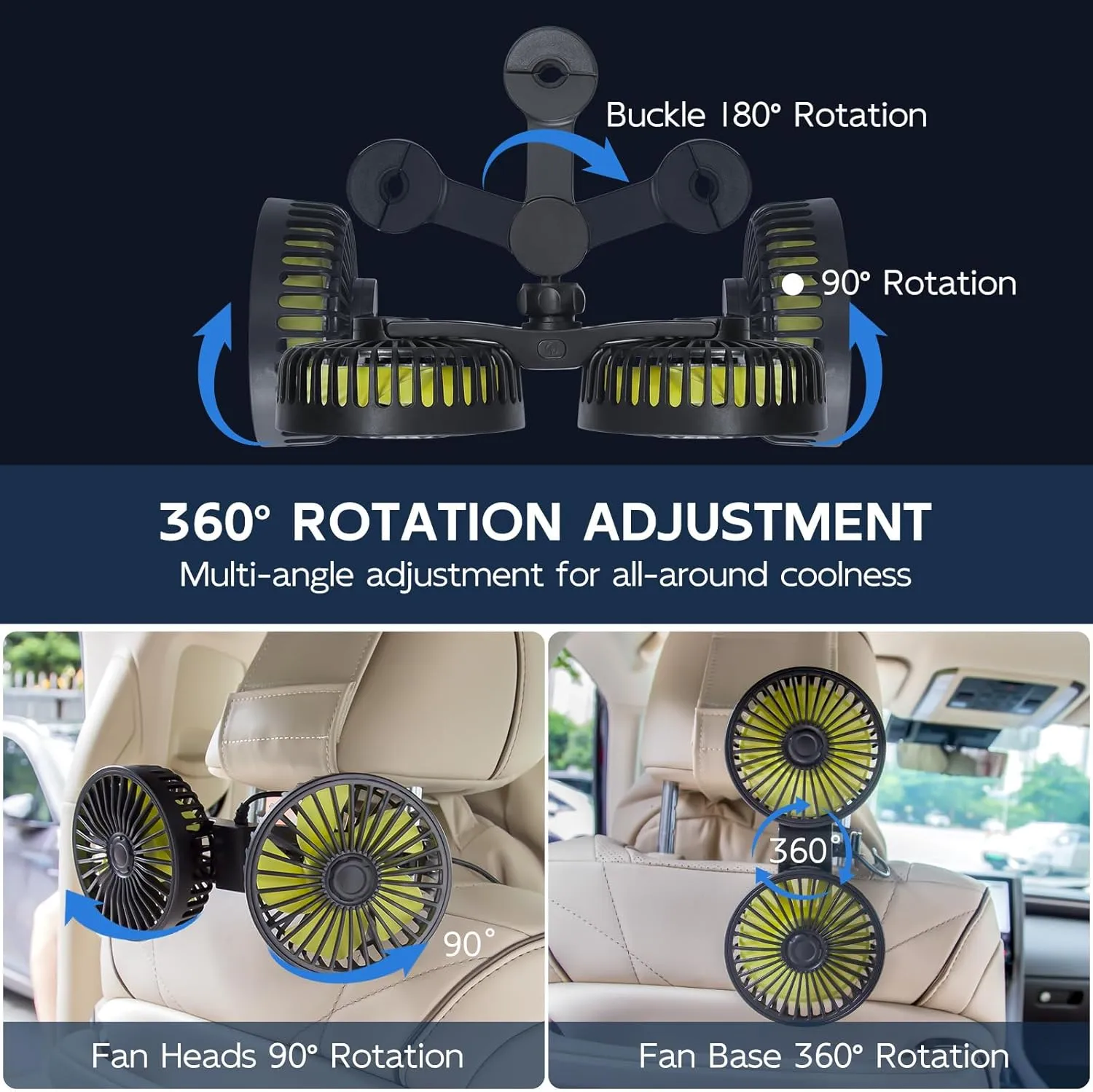 XOOL Car Fans for Backseat - Dual Head USB Cooling Car Fan for Kids, 360 Rotatable Car Rear Headrest Fan, Air Circulation Fan with Adjustable Clip for Vehicles SUV RV Truck