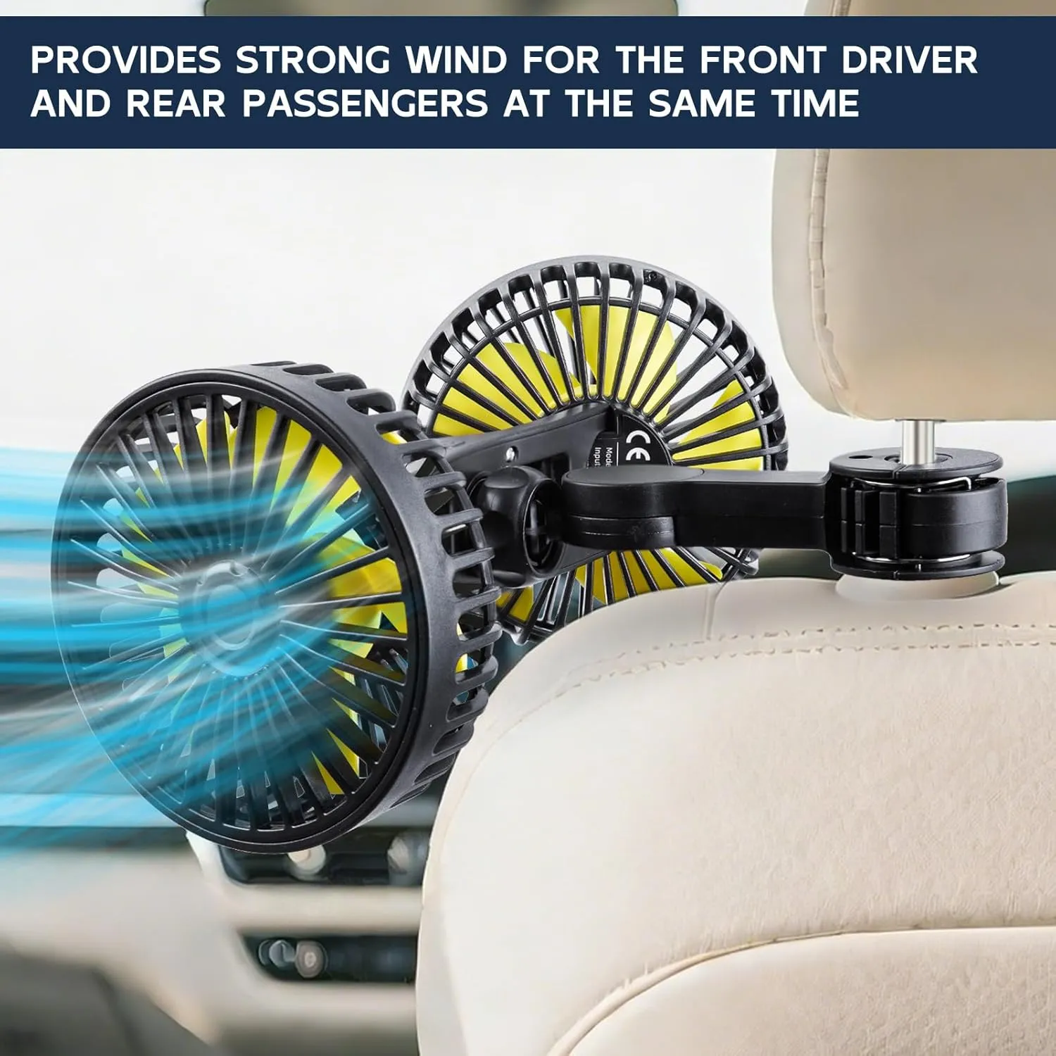 XOOL Car Fans for Backseat - Dual Head USB Cooling Car Fan for Kids, 360 Rotatable Car Rear Headrest Fan, Air Circulation Fan with Adjustable Clip for Vehicles SUV RV Truck