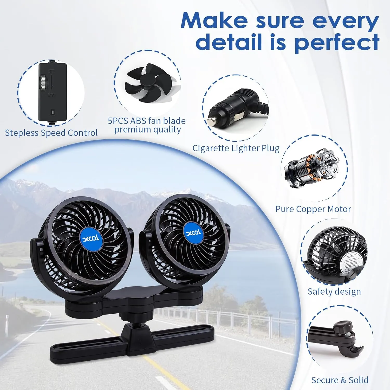 XOOL Electric Car Fans for Rear Seat Passenger Portable Fans Headrest 360 Degree Rotatable Backseat Car Fan 12V Cooling Air Fan with Stepless Speed Regulation for Vehicles, SUV, RV