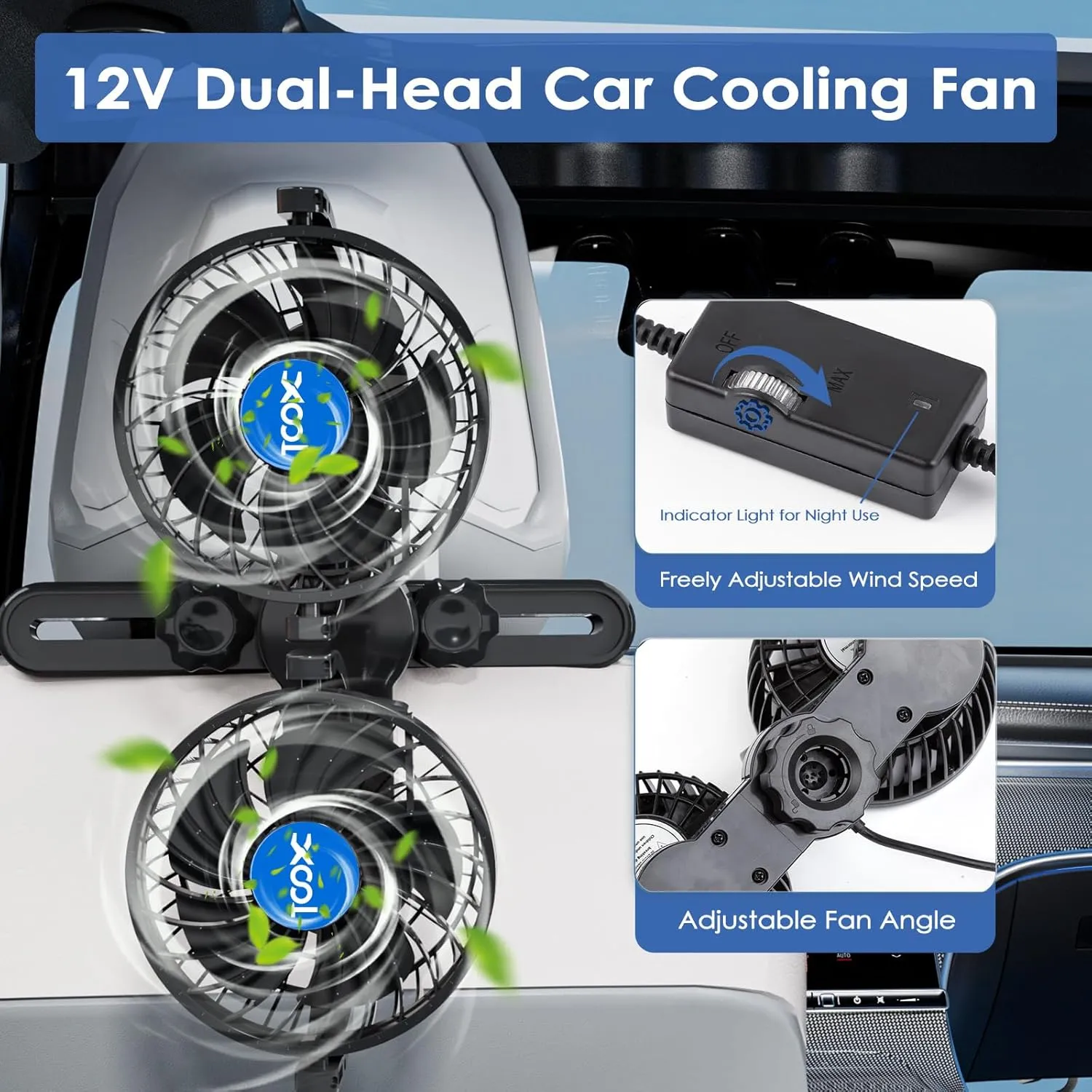 XOOL Electric Car Fans for Rear Seat Passenger Portable Fans Headrest 360 Degree Rotatable Backseat Car Fan 12V Cooling Air Fan with Stepless Speed Regulation for Vehicles, SUV, RV