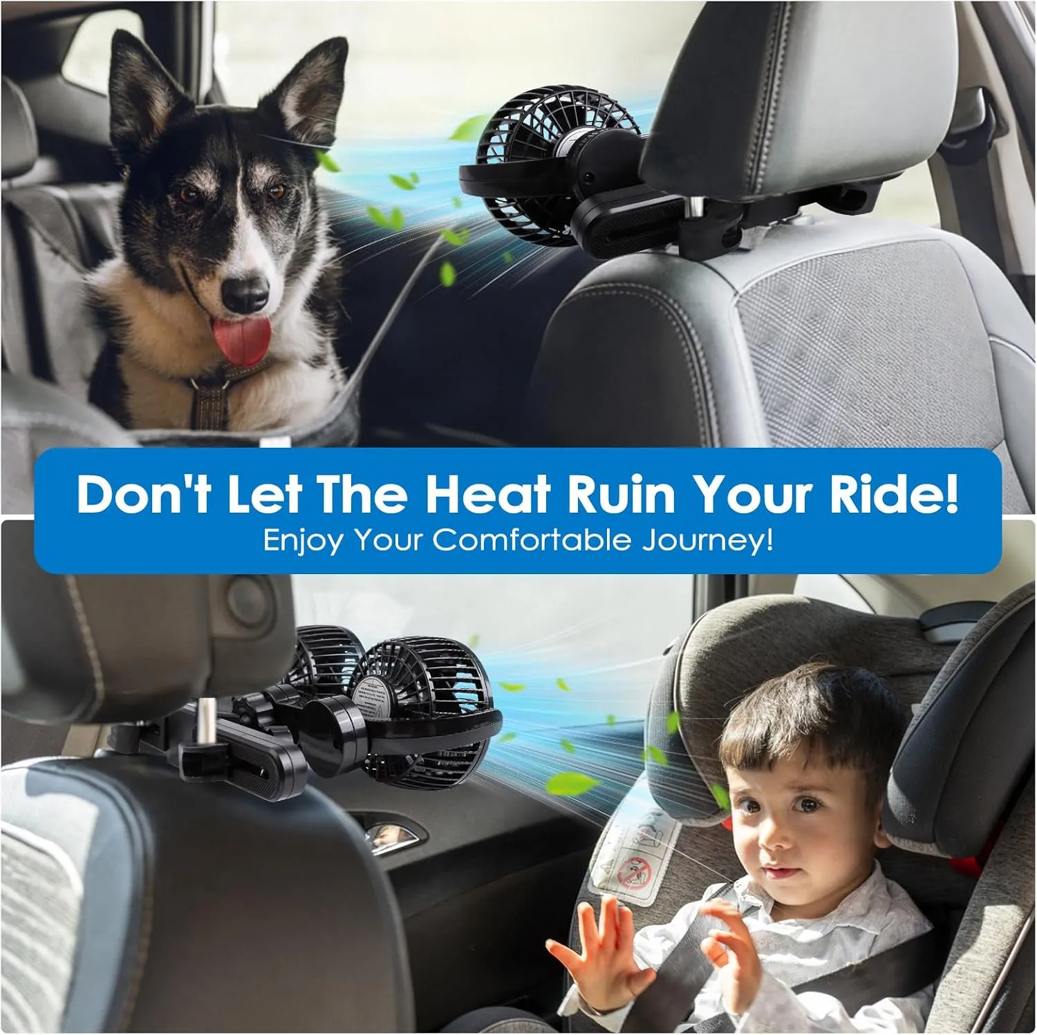XOOL Electric Car Fans for Rear Seat Passenger Portable Fans Headrest 360 Degree Rotatable Backseat Car Fan 12V Cooling Air Fan with Stepless Speed Regulation for Vehicles, SUV, RV