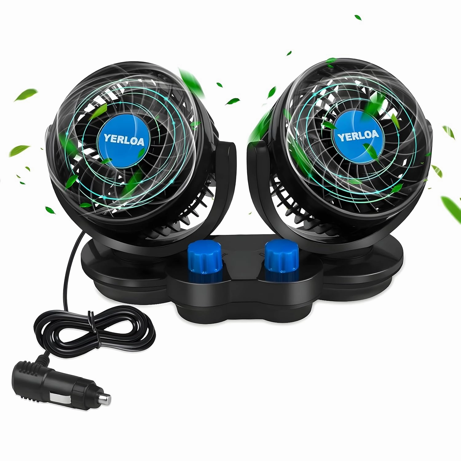Yerloa Car Fan 12V, Dashboard Portable Fans That Blow Cold Air, Dual Head 2 Speed 360 Rotatable Electric Cooling Fan for Car, Vehicle, Truck, SUV, RV, Van, Boat, Golf Cart with Cigarette Lighter Plug Solar-powered car fan for ventilation