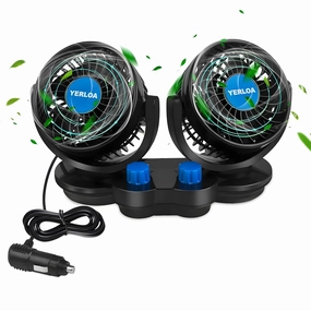 Yerloa Car Fan 12V, Dashboard Portable Fans That Blow Cold Air, Dual Head 2 Speed 360 Rotatable Electric Cooling Fan for Car, Vehicle, Truck, SUV, RV, Van, Boat, Golf Cart with Cigarette Lighter Plug Solar-powered car fan for ventilation