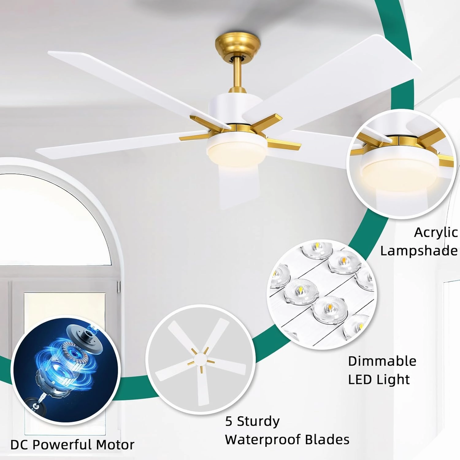 YITAHOME 52 Inch White Gold Ceiling Fan with Light Remote and APP Control, Modern Dimmable Ceiling Fan for Indoor with Reversible Quiet Motor, Smart Fan with Stepless 3 Color