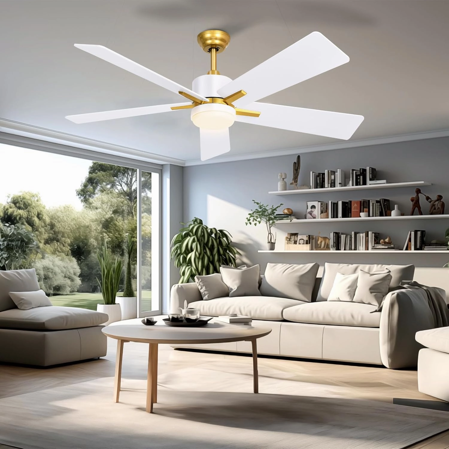 YITAHOME 52 Inch White Gold Ceiling Fan with Light Remote and APP Control, Modern Dimmable Ceiling Fan for Indoor with Reversible Quiet Motor, Smart Fan with Stepless 3 Color