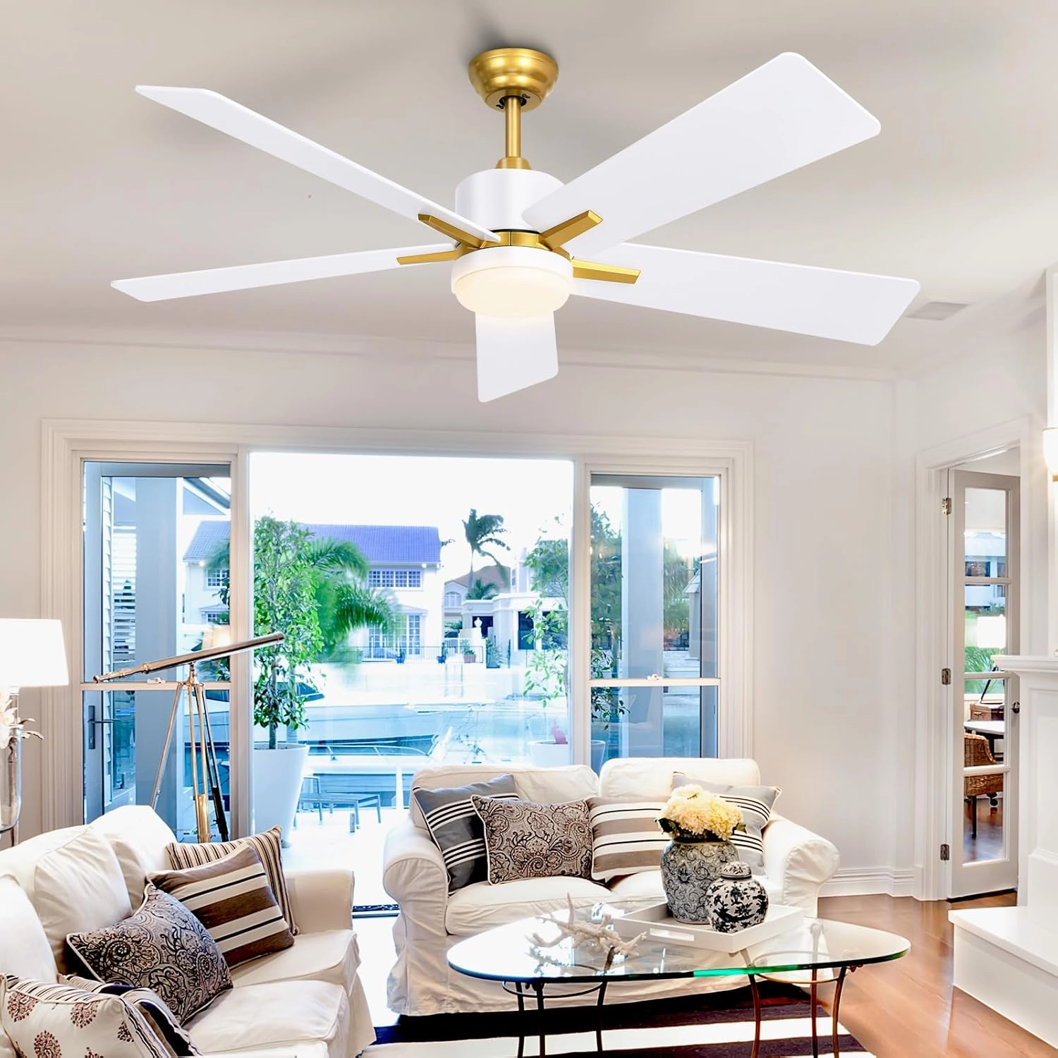 YITAHOME 52 Inch White Gold Ceiling Fan with Light Remote and APP Control, Modern Dimmable Ceiling Fan for Indoor with Reversible Quiet Motor, Smart Fan with Stepless 3 Color