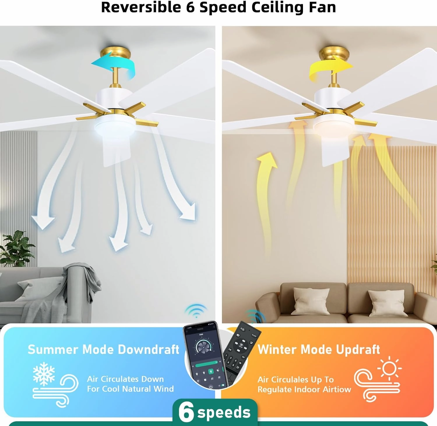 YITAHOME 52 Inch White Gold Ceiling Fan with Light Remote and APP Control, Modern Dimmable Ceiling Fan for Indoor with Reversible Quiet Motor, Smart Fan with Stepless 3 Color