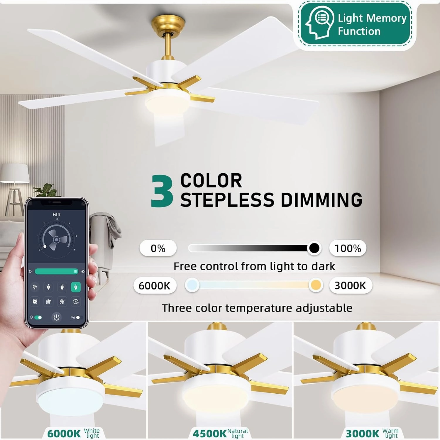 YITAHOME 52 Inch White Gold Ceiling Fan with Light Remote and APP Control, Modern Dimmable Ceiling Fan for Indoor with Reversible Quiet Motor, Smart Fan with Stepless 3 Color