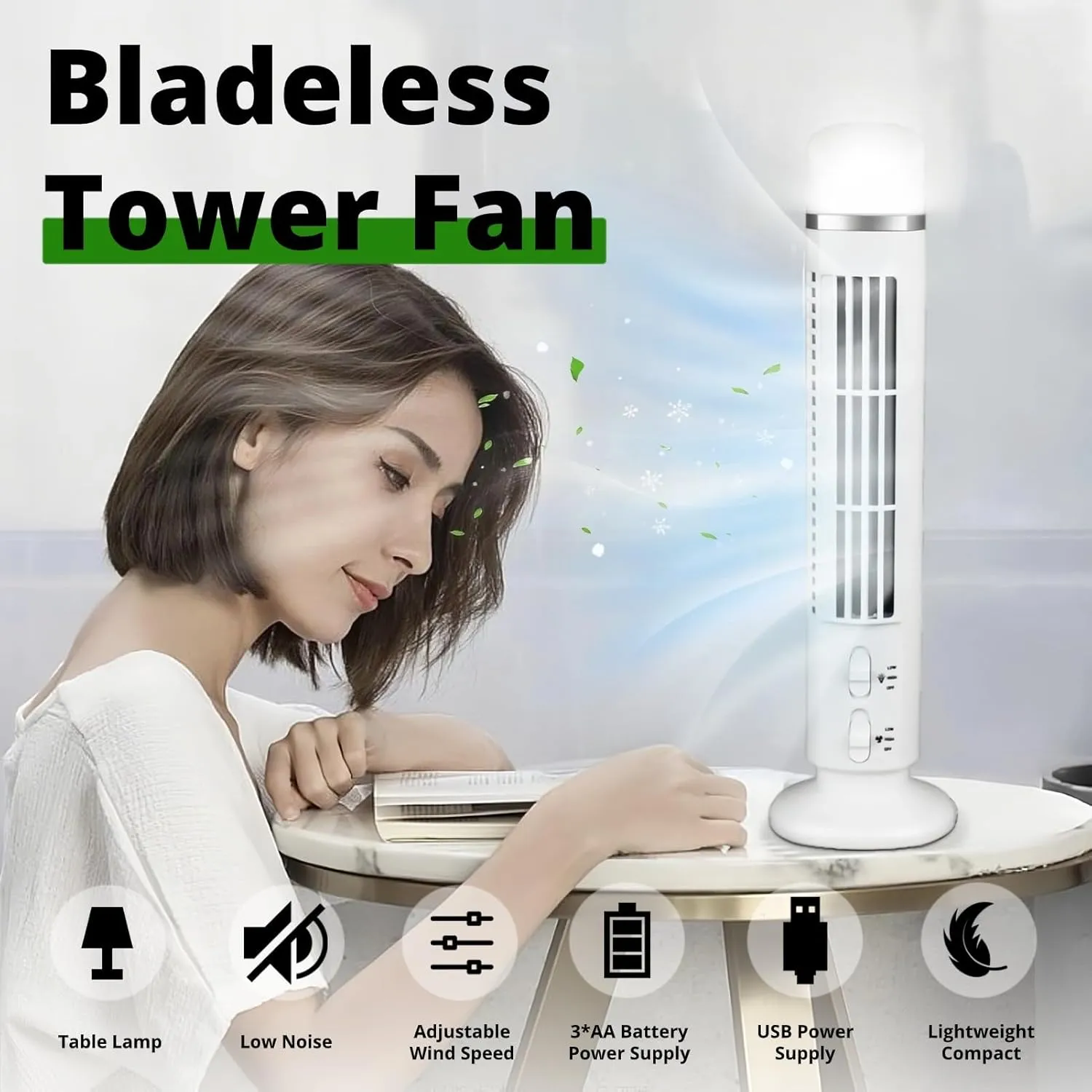 Yoidesu Tower Fan for Bedroom, 90 Oscillating Table Fan, 13in Small Desk Fan 34dB Quiet Standing Bladeless Fans with Light, Portable Cooling Fan USB Desk Fan for Home Office