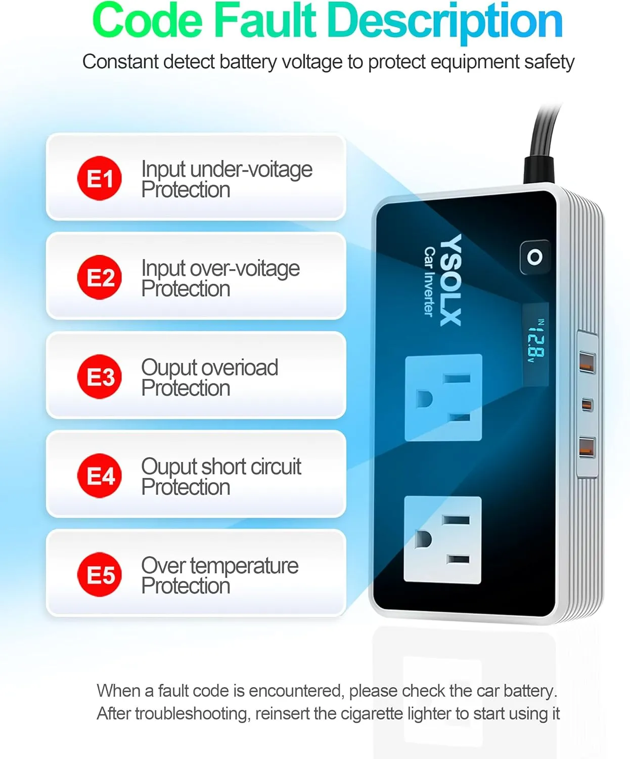YSOLX 300W Inverter, Cigarette Lighter Car Charer Adapter with 24W USB-C/Dual USB-A 24W Dual AC Outlet, 12v to 110v Converter for Laptop/Road Trip
