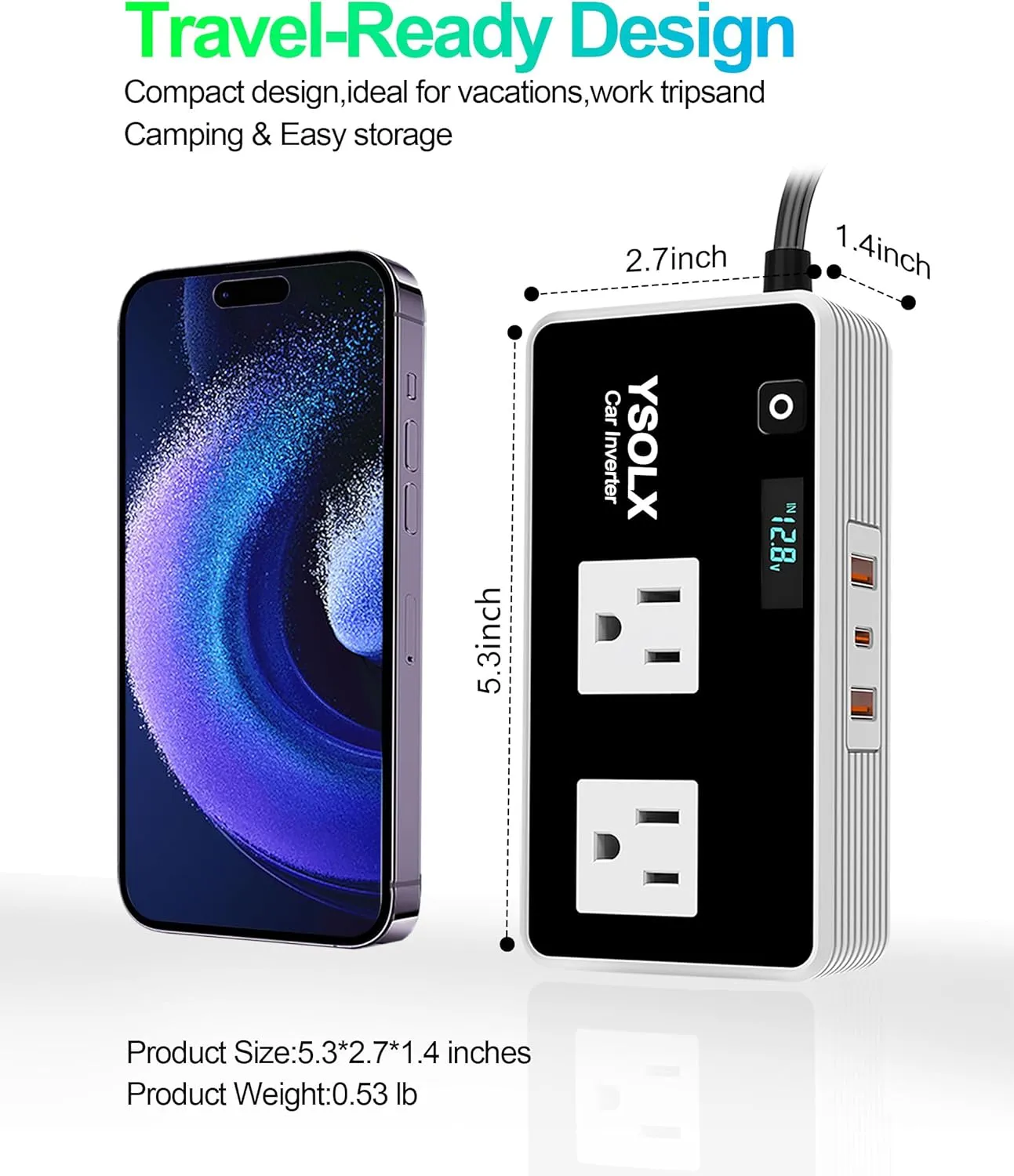YSOLX 300W Inverter, Cigarette Lighter Car Charer Adapter with 24W USB-C/Dual USB-A 24W Dual AC Outlet, 12v to 110v Converter for Laptop/Road Trip