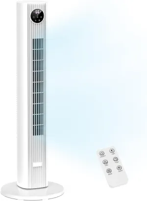 ZAFRO Tower Fan for Bedroom, 90 Oscillating Fan with 12H Timer, 37Standing Fans with Remote, Bladeless Fan with 4 Modes & 3 Speeds, White Tower bladeless fan for modern homes
