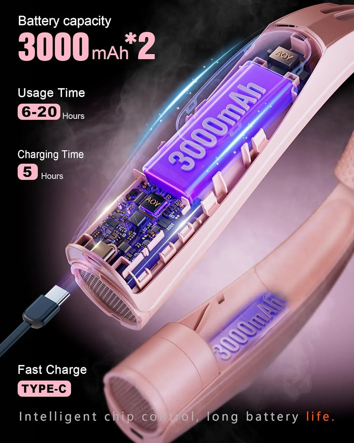 ZEEFO Portable Neck Fan, Hands Free Personal Fan- 6000mAh Battery Operated, Ultra-Quiet USB Rechargeable Fan with 6 Adjustable Speeds, Cooling Wearable Fan for Home, Office, Outdoor, Travel-Pink