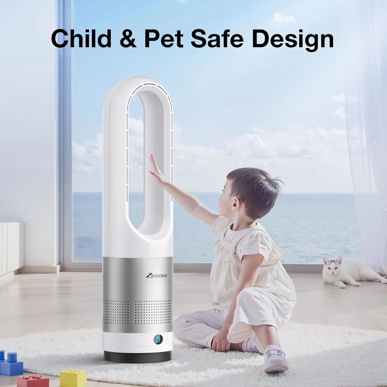 Zicooler Bladeless Fan for Bedroom, 22" Quiet Oscillating Tower Fan with Remote, 8 Speeds, 90 Wide-Angle, 35dB Quiet, 9H Timer, LED Display, Compact Bladeless Tower Fan for Living Room Office Kitchen