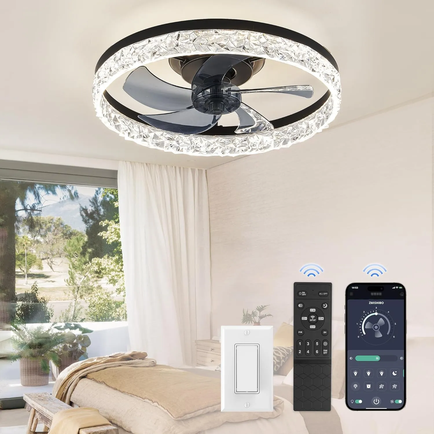 ZMISHIBO 19.7" Ceiling Fans with Lights, Low Profile Ceiling Fan and Remote, Flush Mount Ceiling Fans, Stepless Dimmable LED Light, Black Fixtures for Bedroom, Living Room Fan with safety blade design
