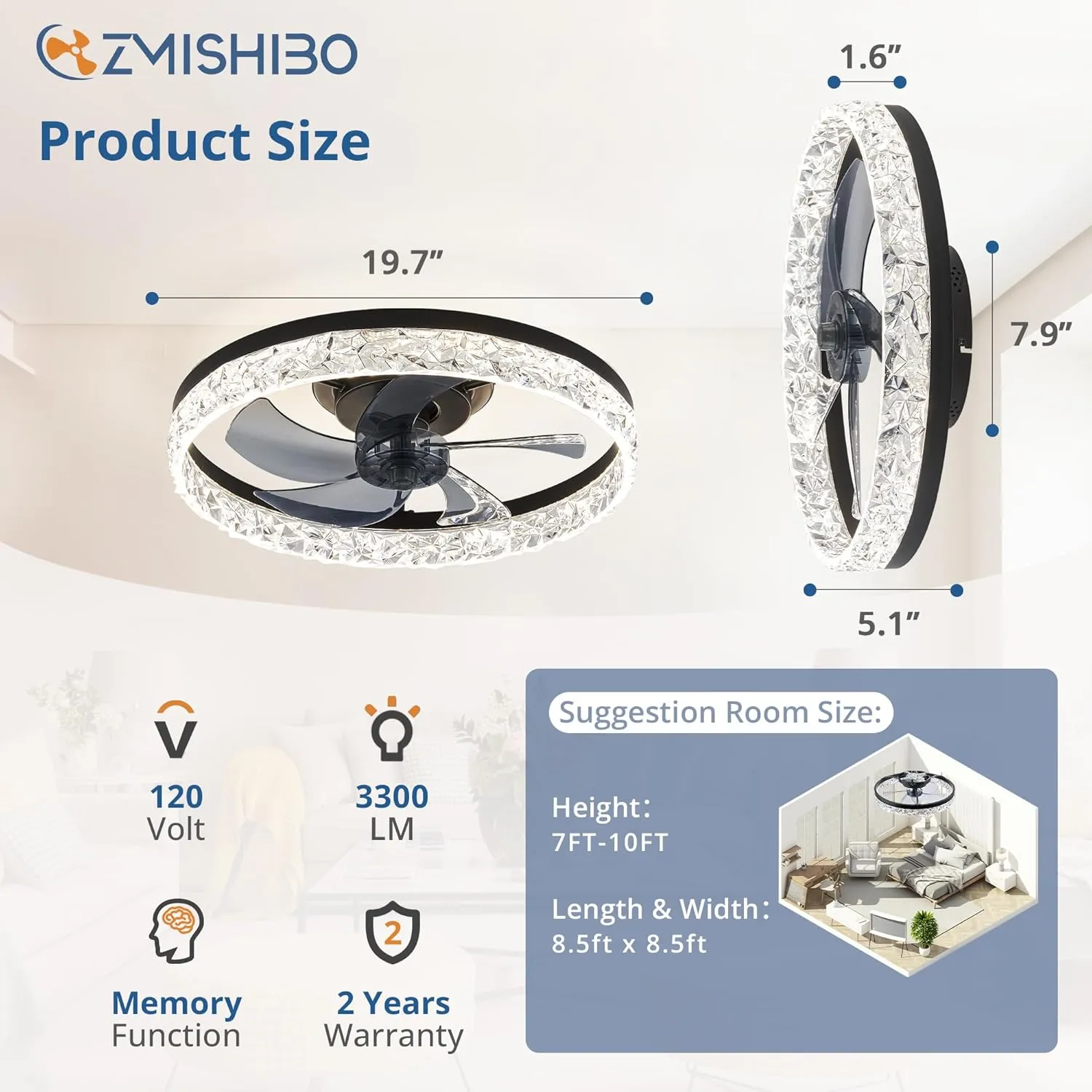 ZMISHIBO 19.7" Ceiling Fans with Lights, Low Profile Ceiling Fan and Remote, Flush Mount Ceiling Fans, Stepless Dimmable LED Light, Black Fixtures for Bedroom, Living Room