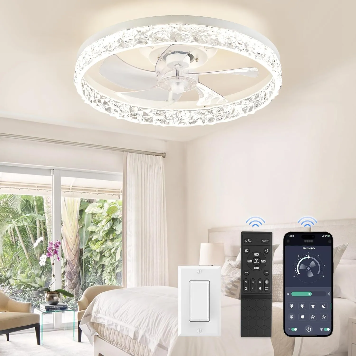 ZMISHIBO 19.7" Ceiling Fans with Lights, Low Profile Ceiling Fan and Remote, Flush Mount Ceiling Fans, Stepless Dimmable LED Light, White Fixtures for Bedroom, Living Room Fan with safety blade design
