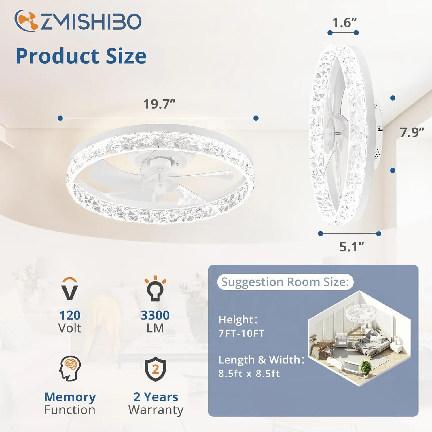 ZMISHIBO 19.7" Ceiling Fans with Lights, Low Profile Ceiling Fan and Remote, Flush Mount Ceiling Fans, Stepless Dimmable LED Light, White Fixtures for Bedroom, Living Room