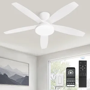 ZMISHIBO 48 inch Ceiling Fans with Lights and Remote/APP Control,White Low Profile Ceiling Fan with Light,Quiet DC Motor,LED Dimmable, Modern Flush Mount Ceiling Fan for Bedroom Indoor/Outdoor Patio App-controlled remote fan for convenience
