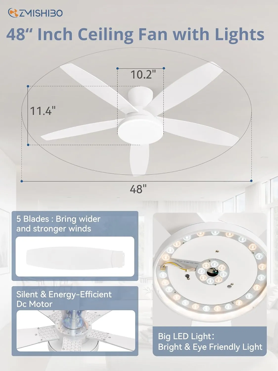 ZMISHIBO 48 inch Ceiling Fans with Lights and Remote/APP Control,White Low Profile Ceiling Fan with Light,Quiet DC Motor,LED Dimmable, Modern Flush Mount Ceiling Fan for Bedroom Indoor/Outdoor Patio