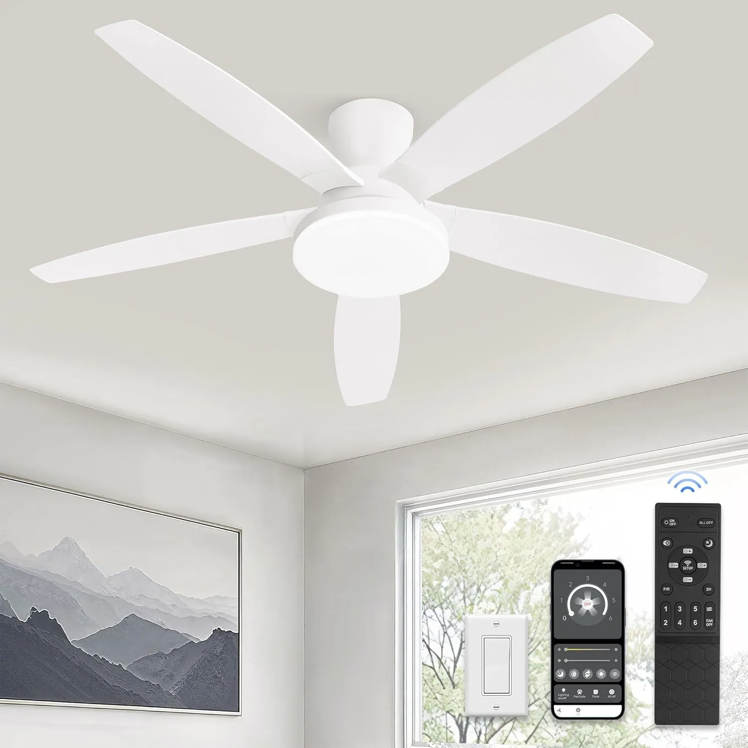 ZMISHIBO 48 inch Ceiling Fans with Lights and Remote/APP Control,White Low Profile Ceiling Fan with Light,Quiet DC Motor,LED Dimmable, Modern Flush Mount Ceiling Fan for Bedroom Indoor/Outdoor Patio App-controlled remote fan for convenience