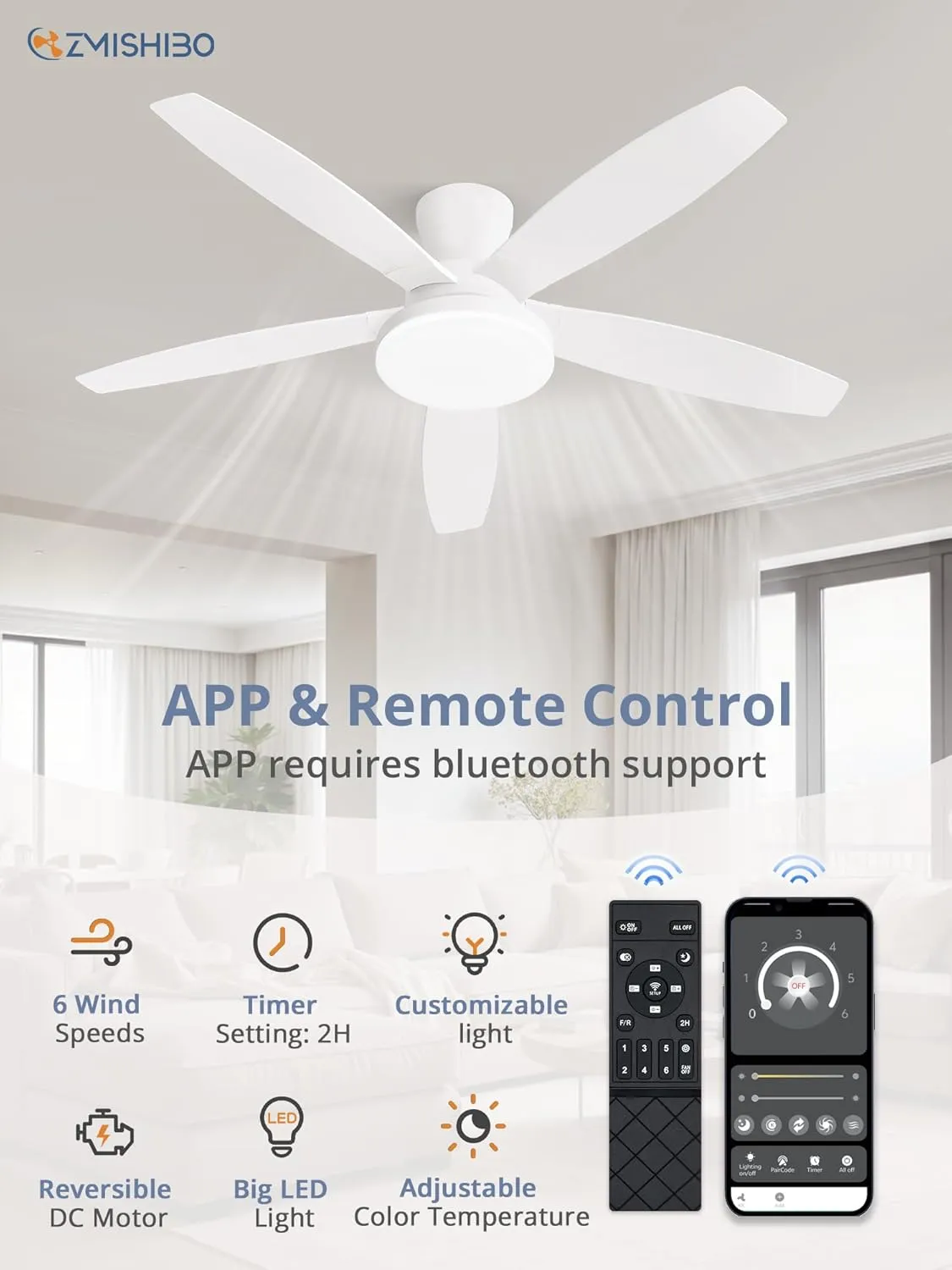 ZMISHIBO 48 inch Ceiling Fans with Lights and Remote/APP Control,White Low Profile Ceiling Fan with Light,Quiet DC Motor,LED Dimmable, Modern Flush Mount Ceiling Fan for Bedroom Indoor/Outdoor Patio