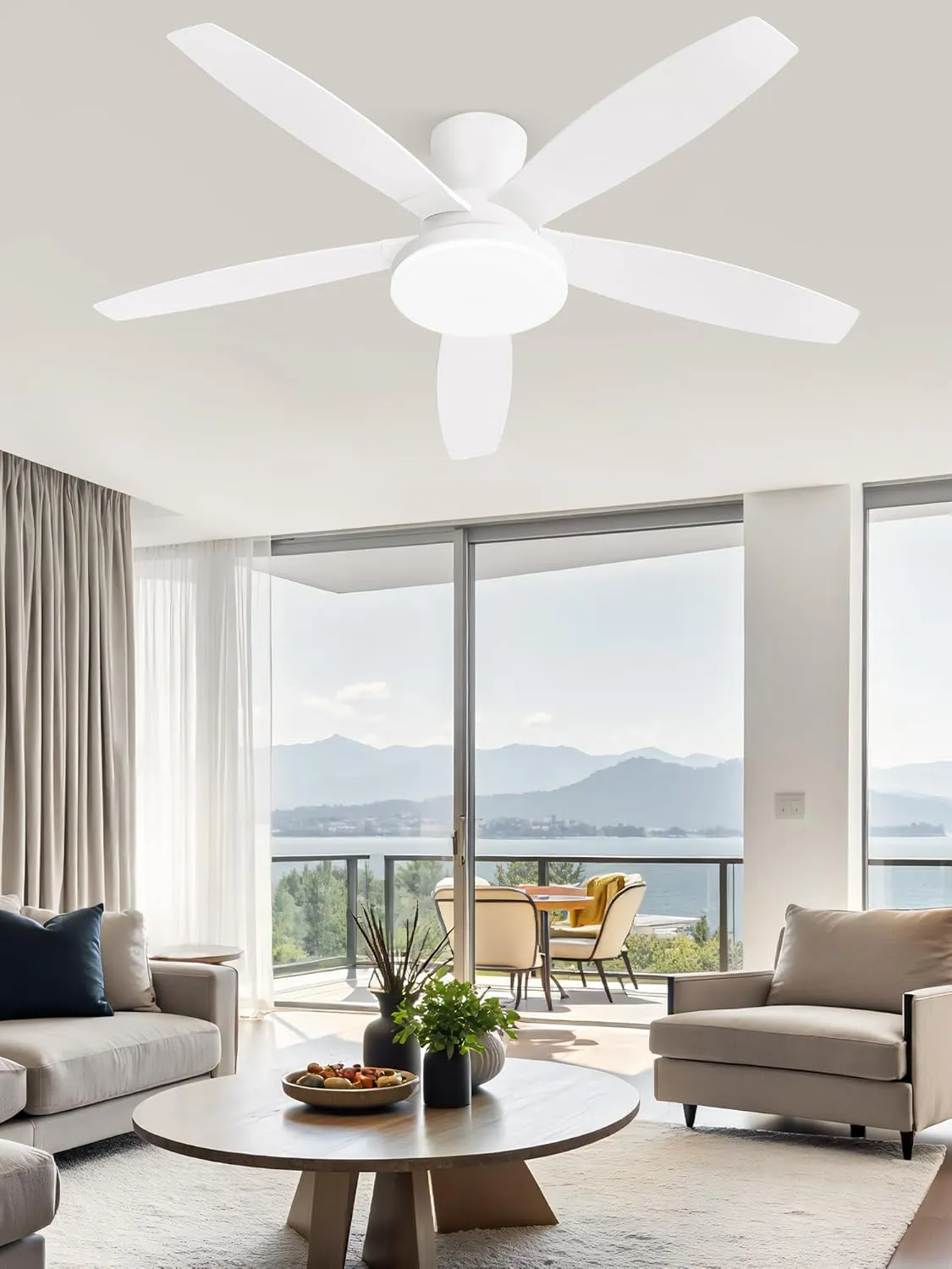 ZMISHIBO 48 inch Ceiling Fans with Lights and Remote/APP Control,White Low Profile Ceiling Fan with Light,Quiet DC Motor,LED Dimmable, Modern Flush Mount Ceiling Fan for Bedroom Indoor/Outdoor Patio