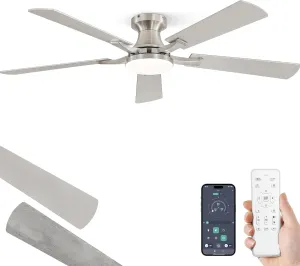 ZMISHIBO 52 Inch Ceiling Fan with Light, App&Remote Control, Flush Mount Low Profile, Dimmable 20W LED Light, Quiet Reversible Motor for Bedroom, Living Room, Apartment, Nickel App-controlled remote fan for convenience