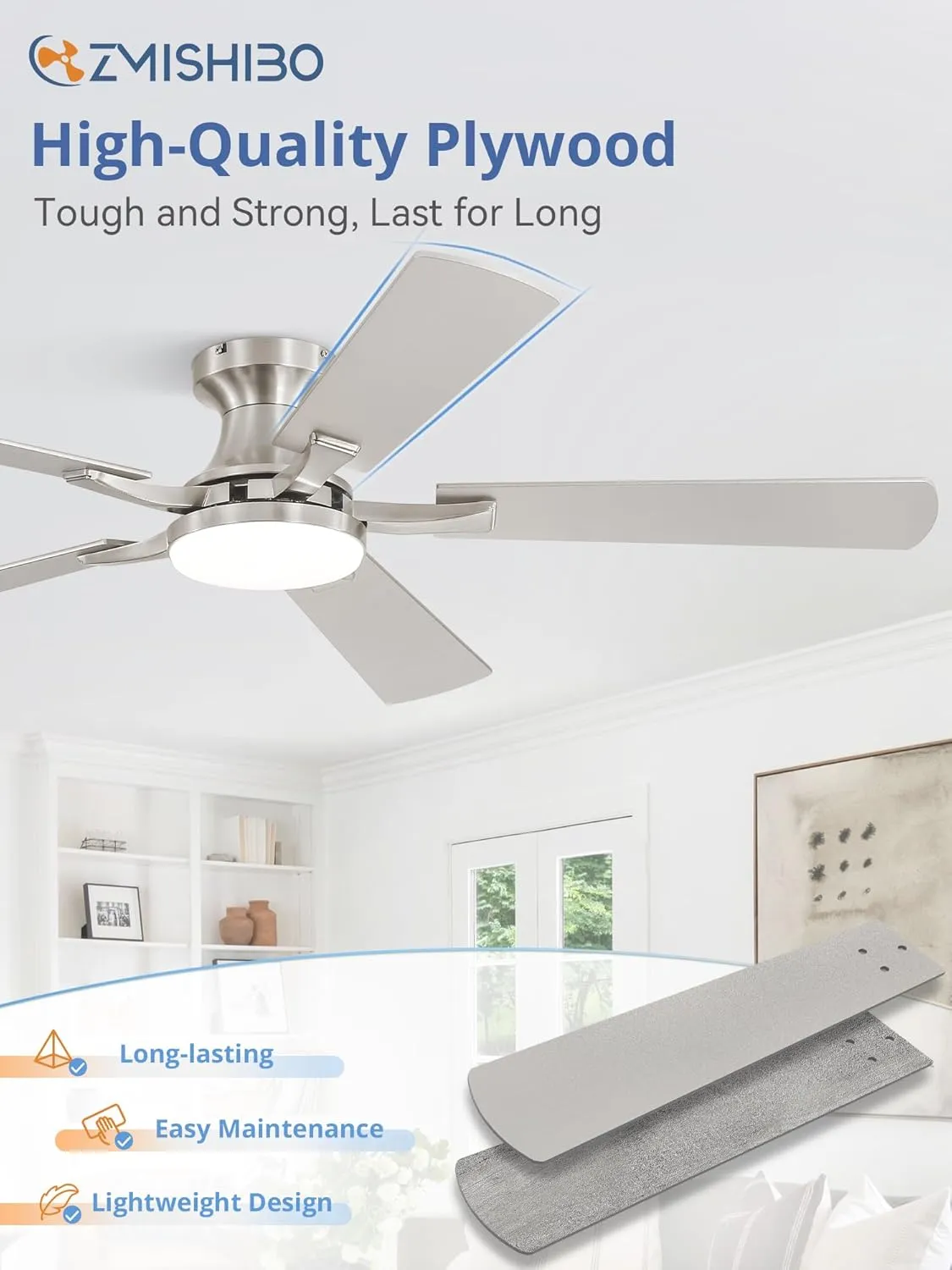 ZMISHIBO 52 Inch Ceiling Fan with Light, App&Remote Control, Flush Mount Low Profile, Dimmable 20W LED Light, Quiet Reversible Motor for Bedroom, Living Room, Apartment, Nickel