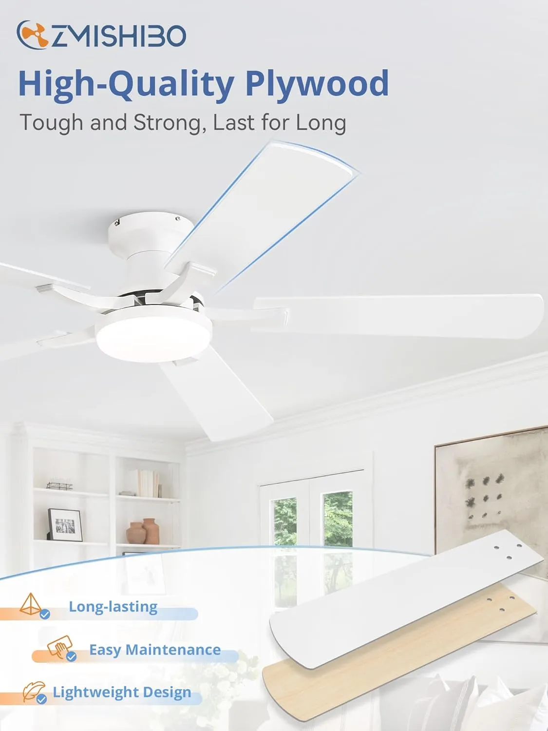 ZMISHIBO 52 Inch Ceiling Fan with Light, App&Remote Control, Flush Mount Low Profile, Dimmable 20W LED Light, Quiet Reversible Motor for Bedroom, Living Room, Apartment, White