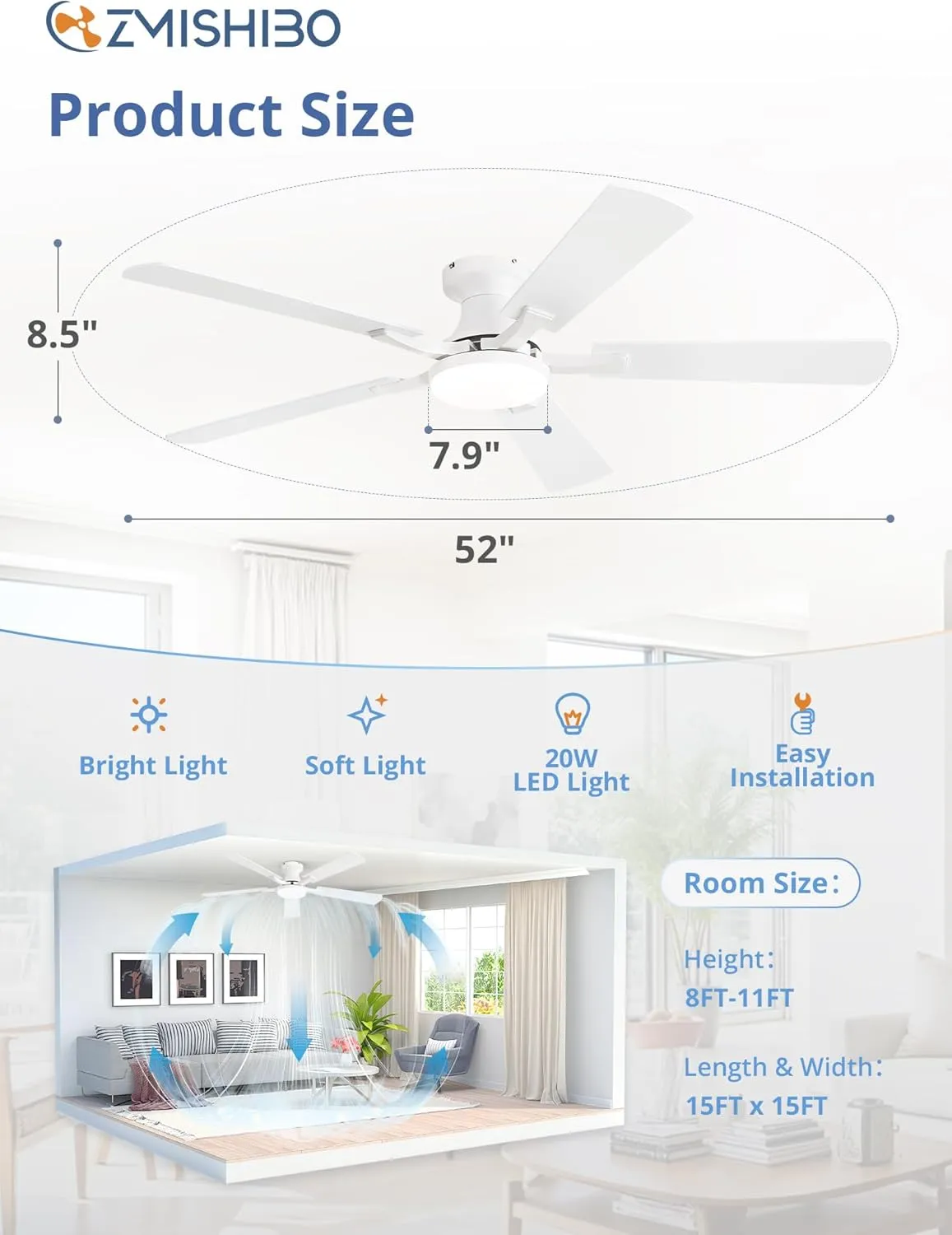 ZMISHIBO 52 Inch Ceiling Fan with Light, App&Remote Control, Flush Mount Low Profile, Dimmable 20W LED Light, Quiet Reversible Motor for Bedroom, Living Room, Apartment, White