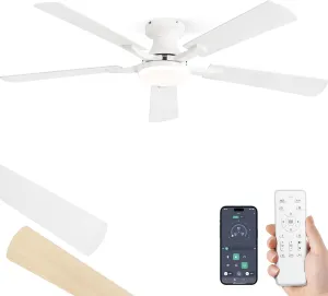 ZMISHIBO 52 Inch Ceiling Fan with Light, App&Remote Control, Flush Mount Low Profile, Dimmable 20W LED Light, Quiet Reversible Motor for Bedroom, Living Room, Apartment, White App-controlled remote fan for convenience