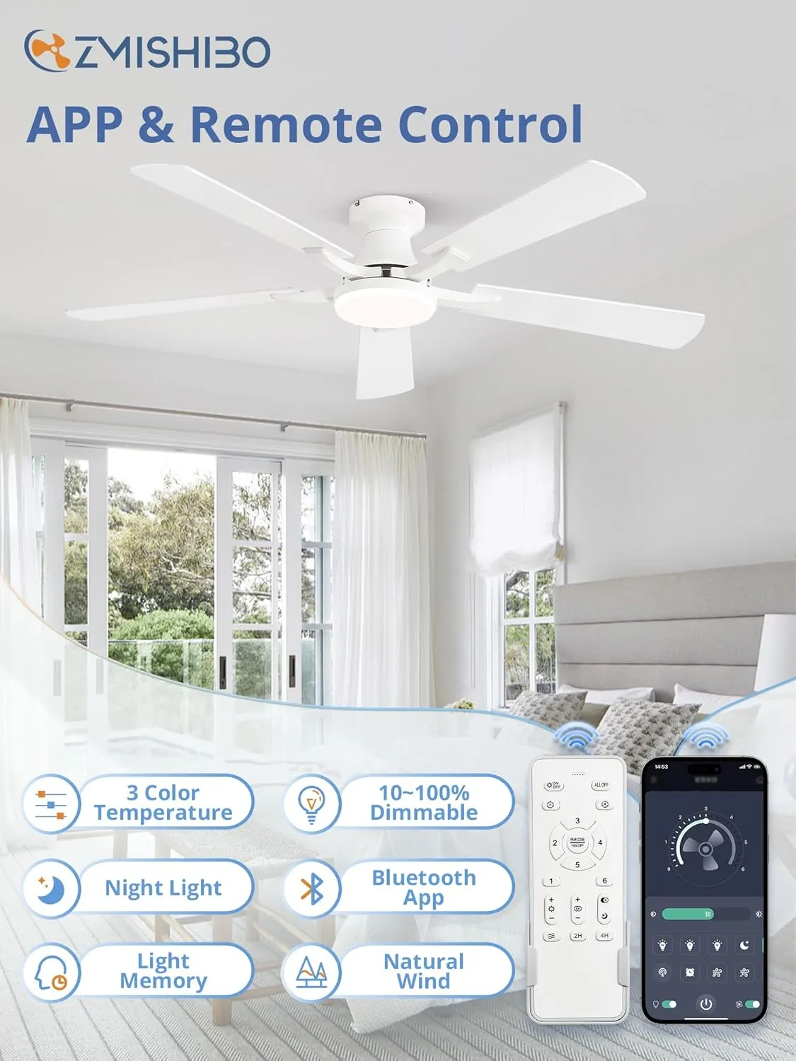 ZMISHIBO 52 Inch Ceiling Fan with Light, App&Remote Control, Flush Mount Low Profile, Dimmable 20W LED Light, Quiet Reversible Motor for Bedroom, Living Room, Apartment, White