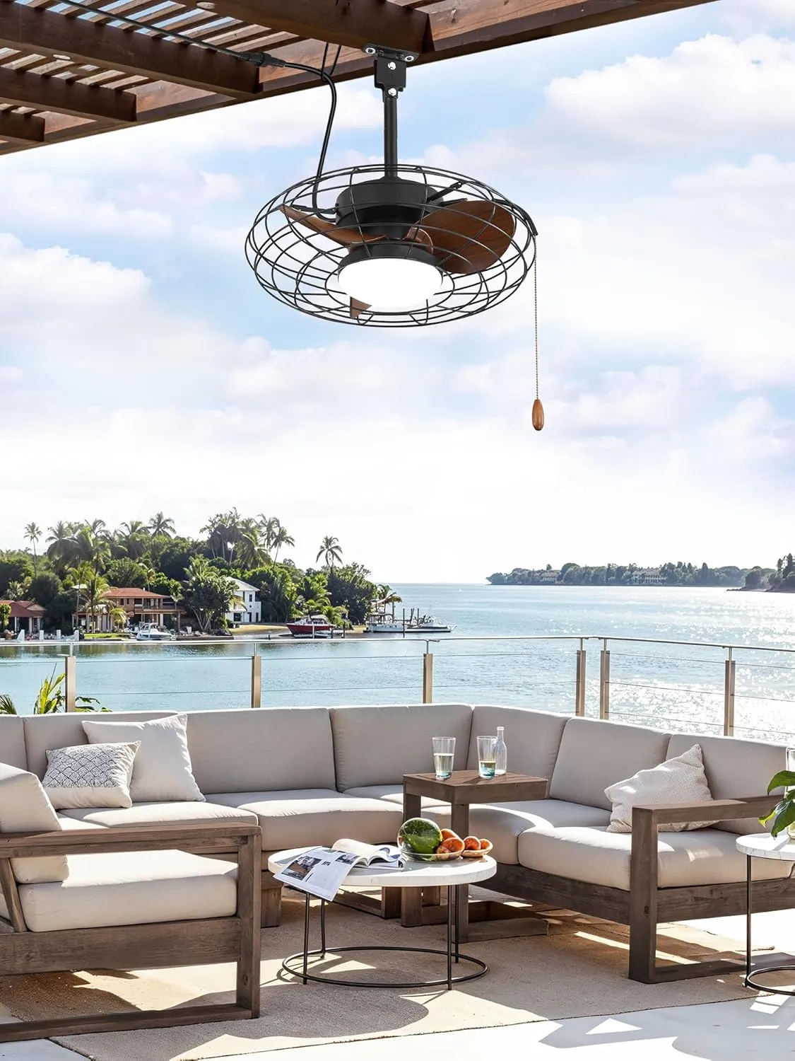 ZMISHIBO Outdoor Ceiling Fans with Light for Patios, Waterproof Gazebo Fan with Remote Control Smart App,3CCT Dimmable,Plug in Caged Ceiling Fan with Pull Chain for Porch Pergola Canopy,Brown