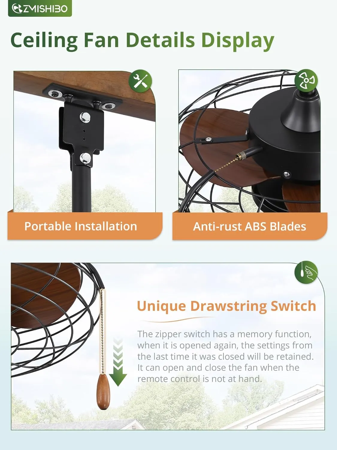 ZMISHIBO Outdoor Ceiling Fans with Light for Patios, Waterproof Gazebo Fan with Remote Control Smart App,3CCT Dimmable,Plug in Caged Ceiling Fan with Pull Chain for Porch Pergola Canopy,Brown