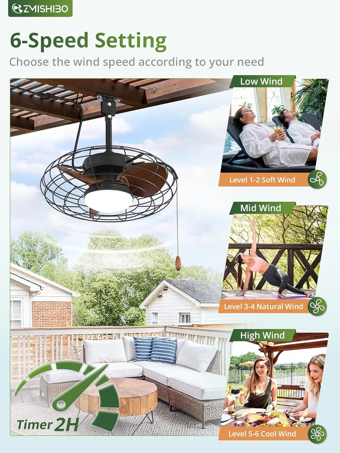 ZMISHIBO Outdoor Ceiling Fans with Light for Patios, Waterproof Gazebo Fan with Remote Control Smart App,3CCT Dimmable,Plug in Caged Ceiling Fan with Pull Chain for Porch Pergola Canopy,Brown