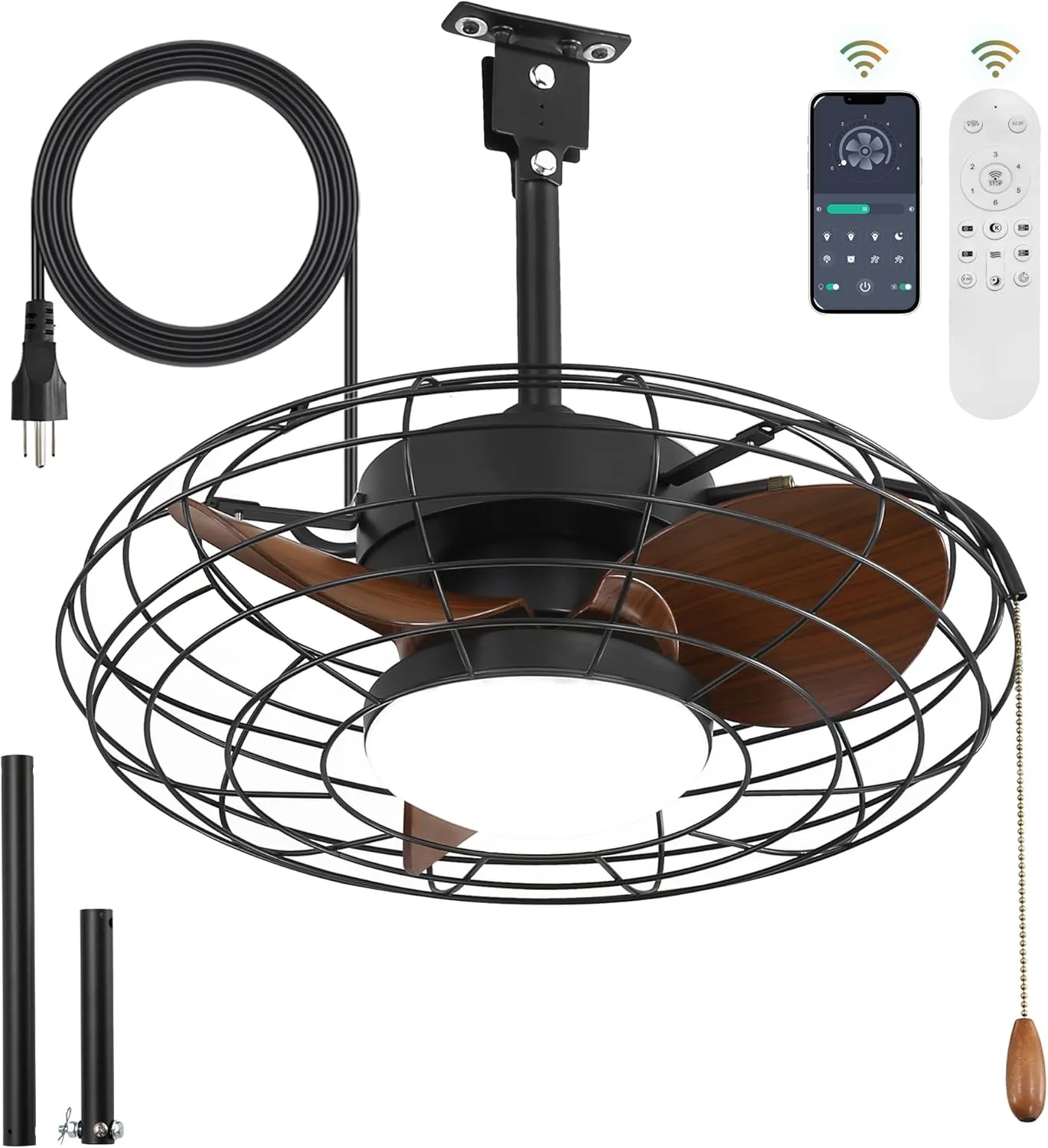 ZMISHIBO Outdoor Ceiling Fans with Light for Patios, Waterproof Gazebo Fan with Remote Control Smart App,3CCT Dimmable,Plug in Caged Ceiling Fan with Pull Chain for Porch Pergola Canopy,Brown