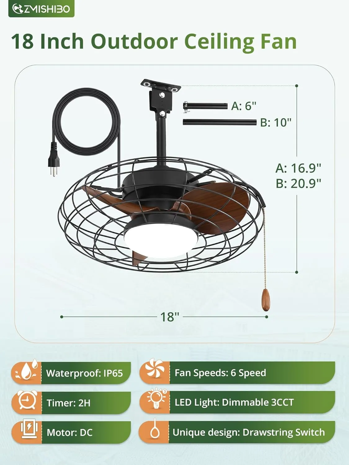 ZMISHIBO Outdoor Ceiling Fans with Light for Patios, Waterproof Gazebo Fan with Remote Control Smart App,3CCT Dimmable,Plug in Caged Ceiling Fan with Pull Chain for Porch Pergola Canopy,Brown