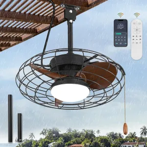 ZMISHIBO Outdoor Ceiling Fans with Light for Patios, Waterproof Gazebo Fan with Remote Control Smart App,3CCT Dimmable,Plug in Caged Ceiling Fan with Pull Chain for Porch Pergola Canopy,Brown App-controlled remote fan for convenience