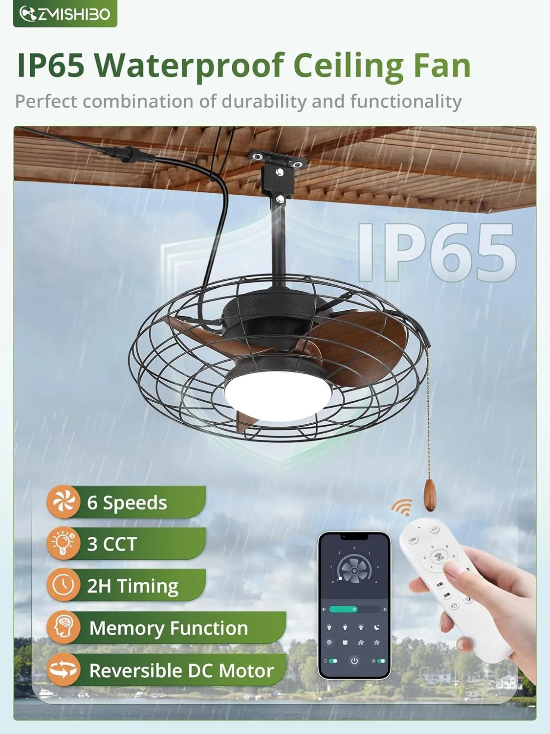 ZMISHIBO Outdoor Ceiling Fans with Light for Patios, Waterproof Gazebo Fan with Remote Control Smart App,3CCT Dimmable,Plug in Caged Ceiling Fan with Pull Chain for Porch Pergola Canopy,Brown